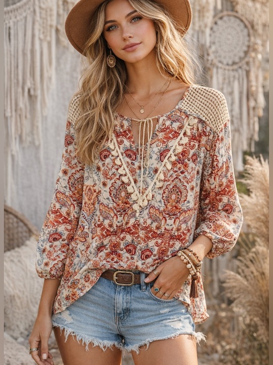 En Creme Tops - En Creme Floral Paisley Crochet Fringe Trim Top S